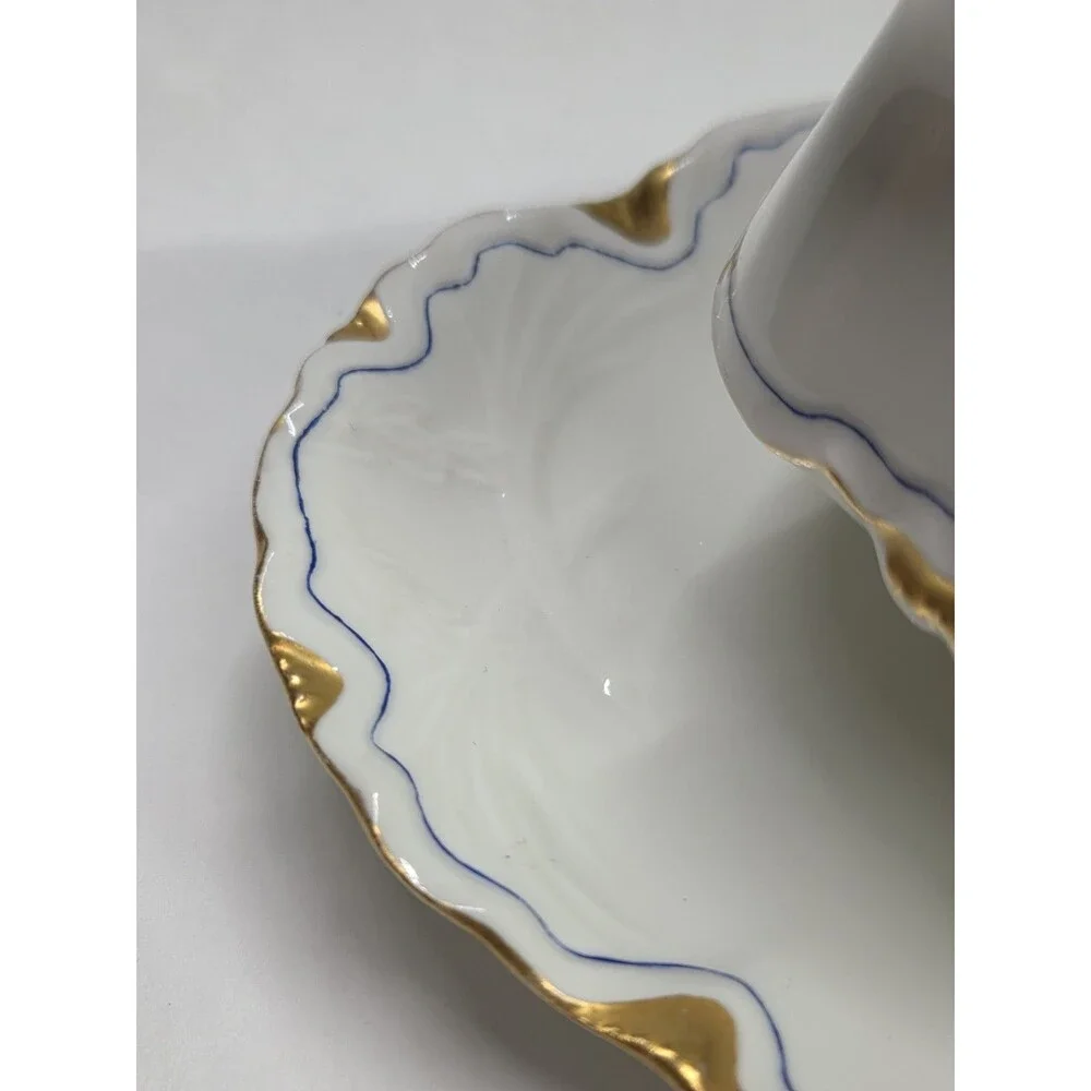 Antique Haviland Limoges Gravy Boat With Attached Under Plate Gold Blue France